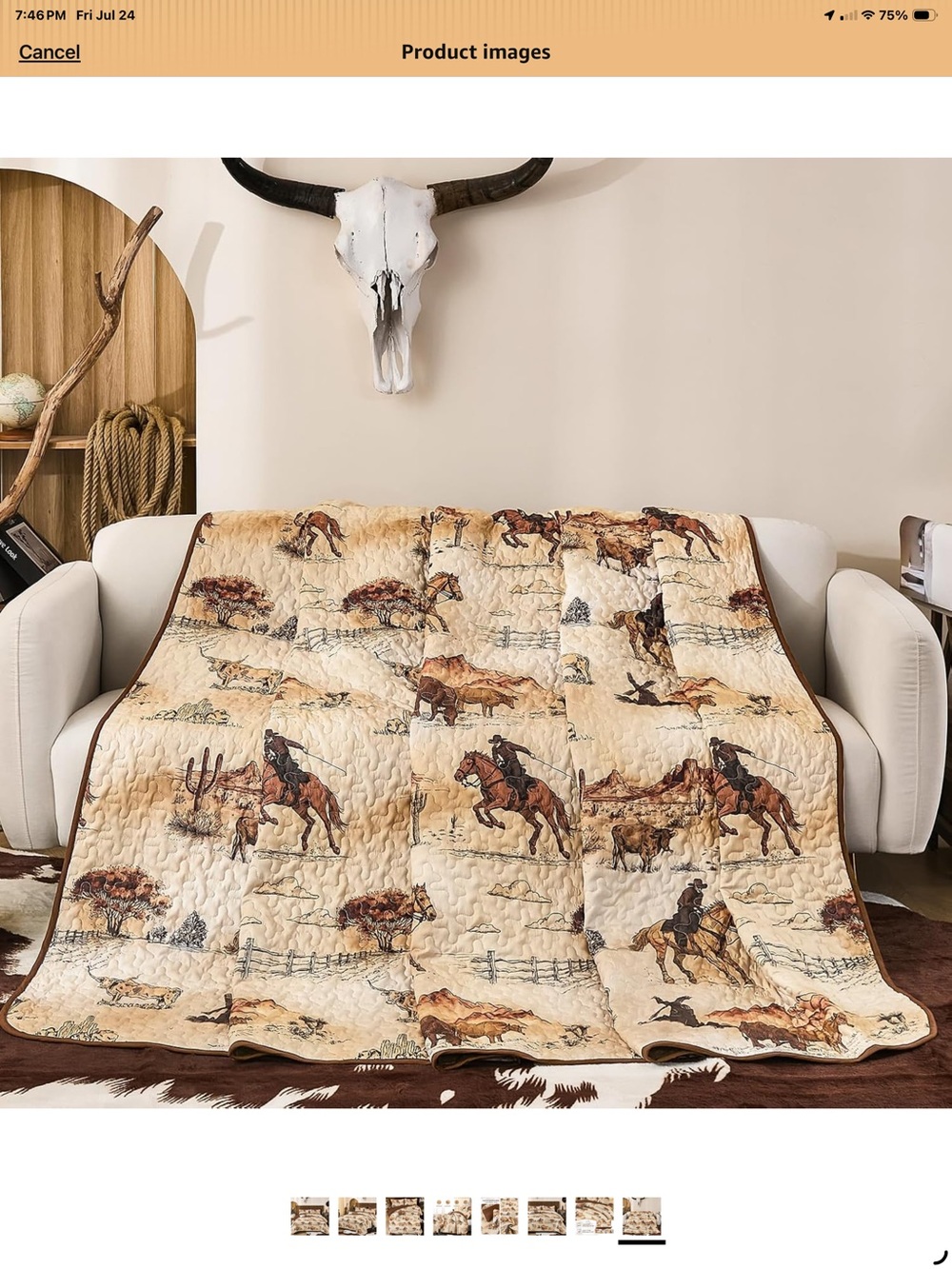 Western Cowboy Bronco Horse Ranch Print Quilt Set Beige & Brown Queen - Picture 6 of 7